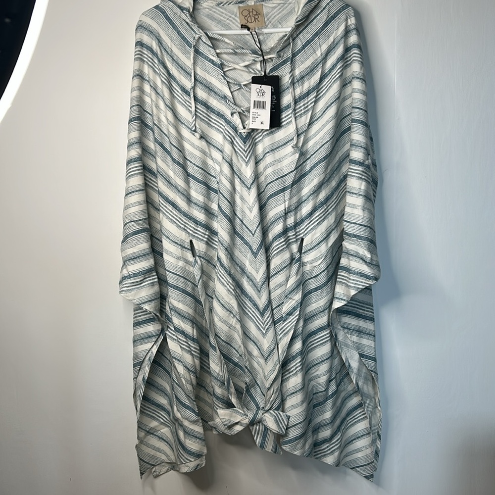 Chaser Linen Hooded Cover-Up Dress Blue Striped Lace-Up Tie Waist Beach Sz Small - Picture 4 of 8